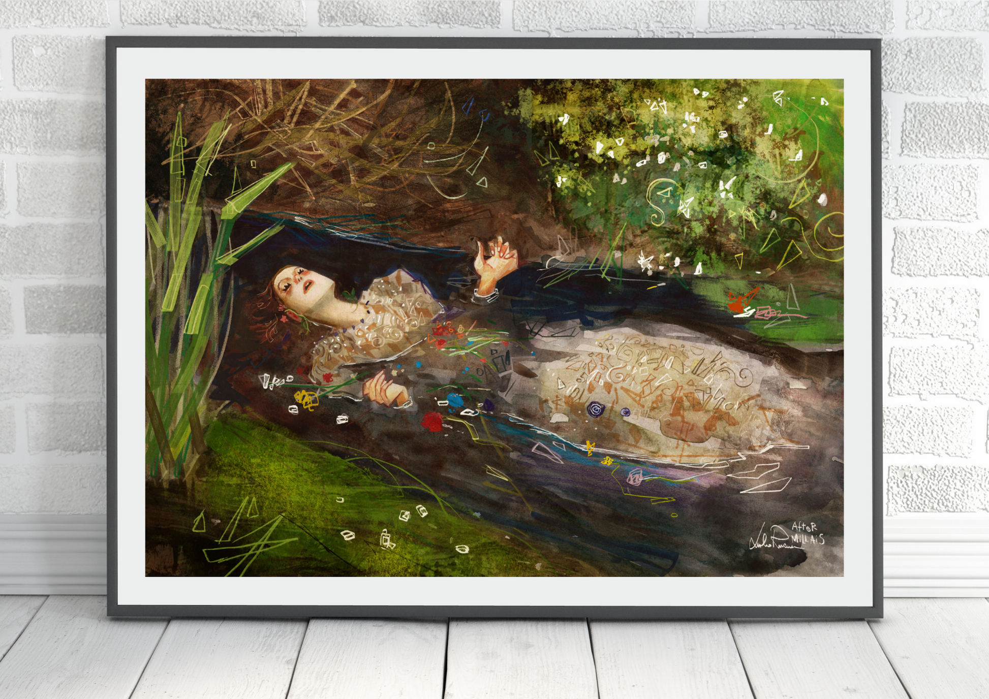 Una riproduzione in stampa su carta del famoso quadro di Millais "Ophelia" rifatta dall'artista e fumettista Giulio Rincione. 