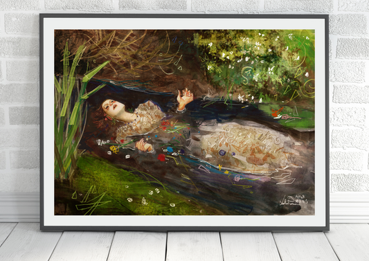 Una riproduzione in stampa su carta del famoso quadro di Millais "Ophelia" rifatta dall'artista e fumettista Giulio Rincione. 